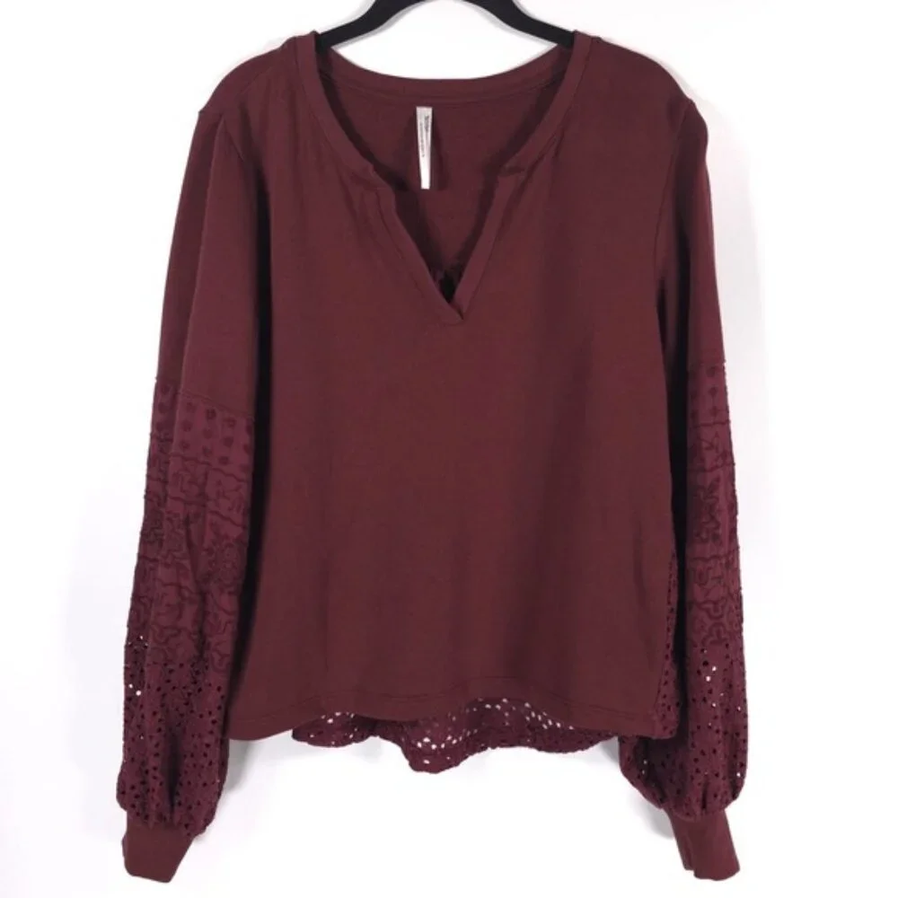 Anthropologie Plum Eyelet Yoke VNeck Pullover Sweatshirt Ballon Sleeve Top SMALL